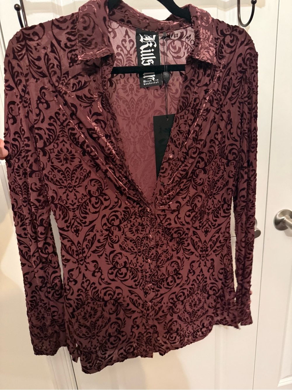 Killstar Burgundy Flocked Velvet Button-Down Shirt